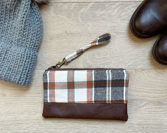 Orange, black and cream plaid flannel wristlet • Faux leather wristlet • wristlet purse • small purse • gift for her • fall clutch- wristlet