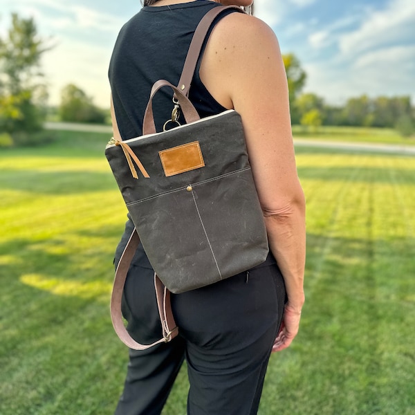 Small Dark Green waxed canvas backpack, green backpack, canvas backpack, leather and canvas backpack, handmade backpack