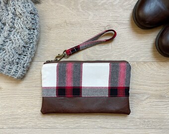 Red, black and white plaid flannel wristlet • Faux leather wristlet • wristlet purse • small purse • gift for her • fall clutch- wristlet