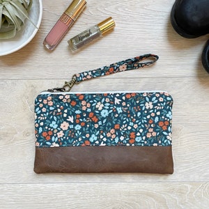 Green and orange floral wristlet Faux leather wristlet wristlet phone pouch small purse bridesmaid gift clutch gift for her image 2