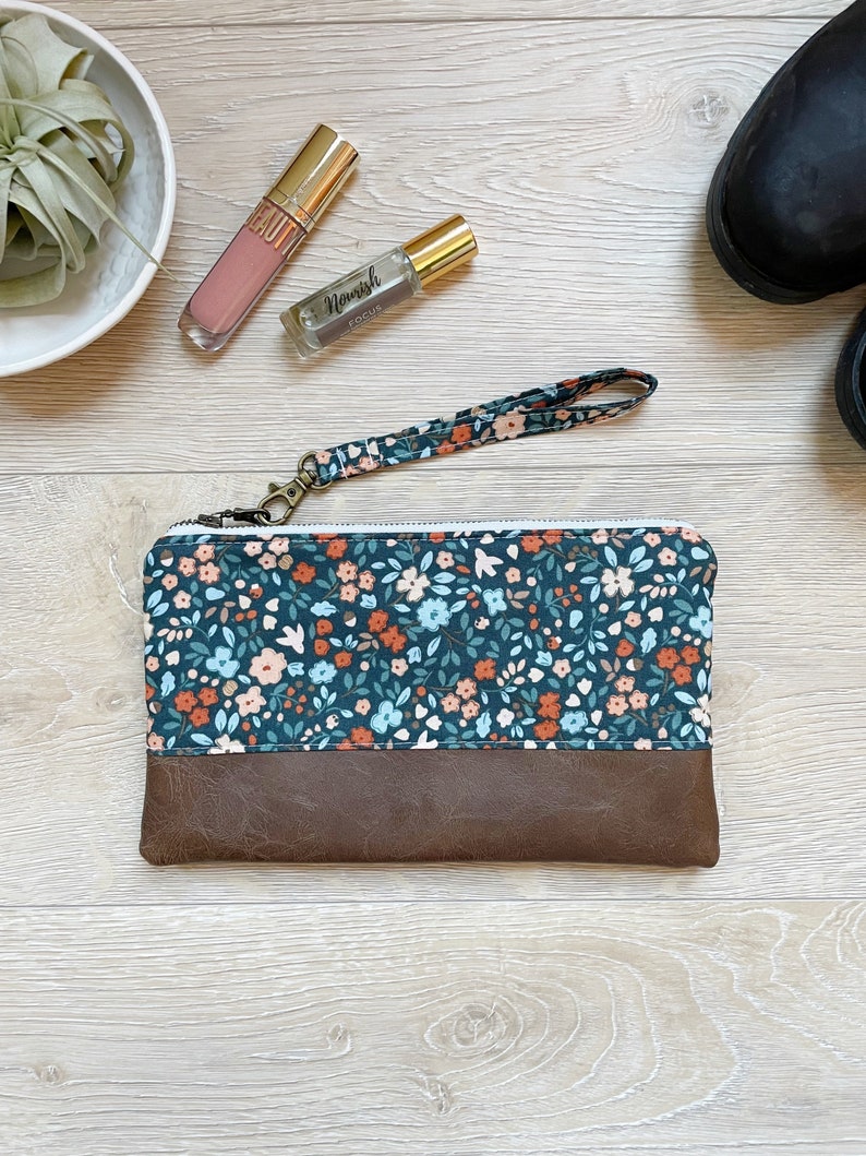 Green and orange floral wristlet Faux leather wristlet wristlet phone pouch small purse bridesmaid gift clutch gift for her image 2