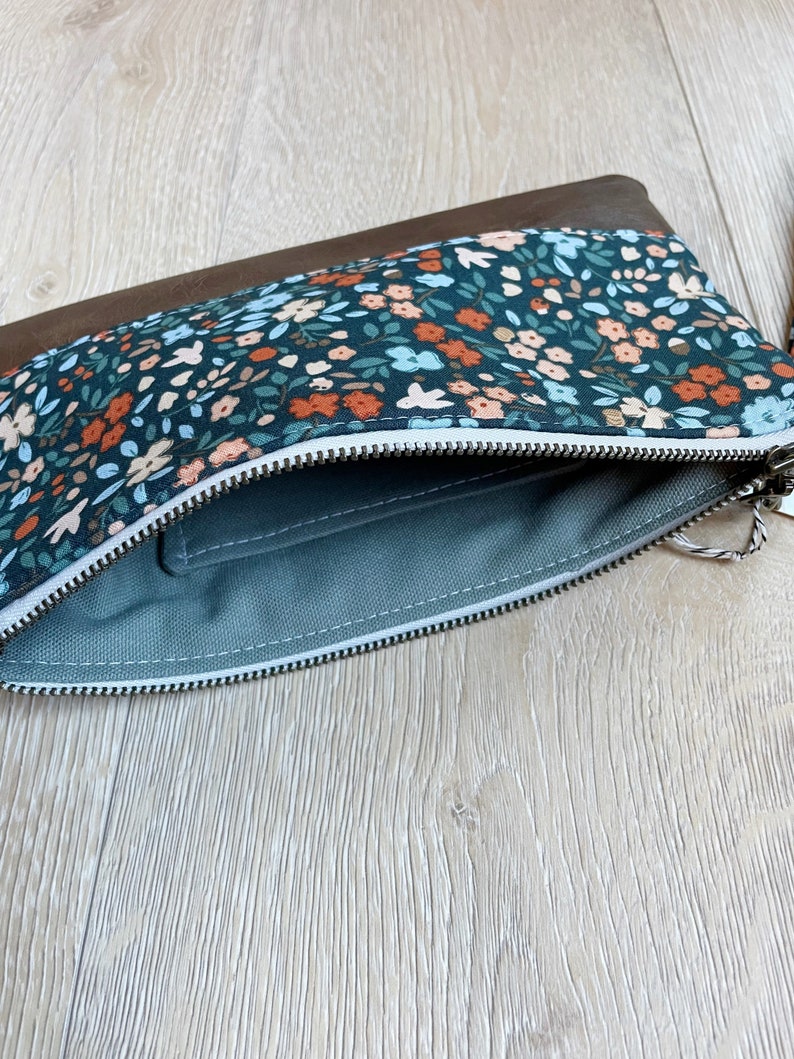 Green and orange floral wristlet Faux leather wristlet wristlet phone pouch small purse bridesmaid gift clutch gift for her image 3