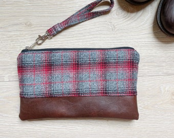 Red, black and gray plaid flannel wristlet • Faux leather wristlet • wristlet purse • small purse • gift for her • fall clutch