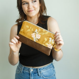Mustard and pink floral wristlet, wristlet wallet, vegan leather wristlet, floral wristlet, small purse, travel clutch, zipper wallet