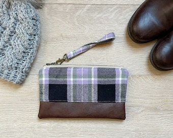 Purple, black and green plaid flannel wristlet • Faux leather wristlet • wristlet purse • small purse • gift for her • fall clutch- wristlet