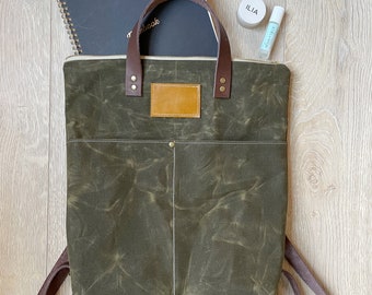 Olive Green waxed canvas backpack, green canvas backpack, canvas backpack, backpack, leather and canvas backpack