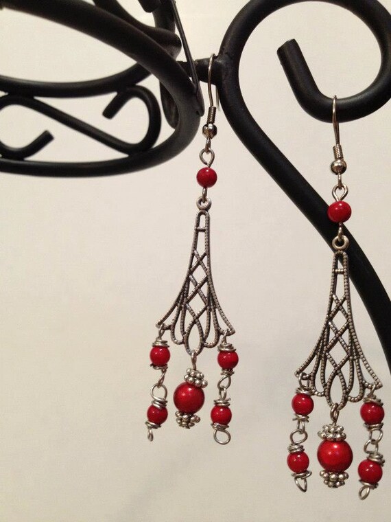 Items similar to Red Chandelier Beaded Earrings on Etsy