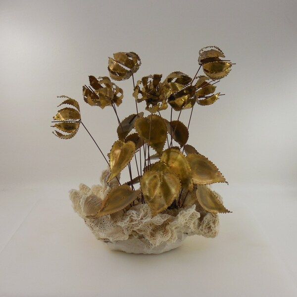 Brass Copper Floral Flower Sculpture with Coral Plaster Base - Jere Era