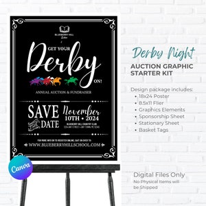 Puede incluir: Un diseño gráfico en blanco y negro para un evento de subasta de Derby Night. El diseño incluye un tema de carreras de caballos con caballos y jinetes coloridos. El texto dice "Get Your Derby On!" y "Save the Date: November 10th, 2024".
