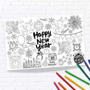Festive New Year&#39;s Eve Coloring Placemat - Fun Kids Activity, Instant Download