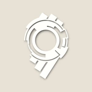 May include: White abstract geometric design with a circular shape and a series of lines extending from the bottom.