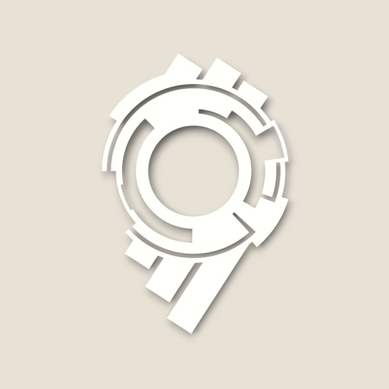 May include: White abstract geometric design with a circular shape and a series of lines extending from the bottom.