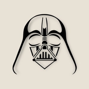 Puede incluir: Gráfico en blanco y negro del casco de Darth Vader. El diseño presenta líneas y formas audaces, con las características icónicas del casco claramente definidas sobre un fondo neutro. La obra de arte es una representación estilizada del personaje de Star Wars.