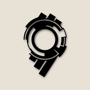 May include: Black and white geometric design in the shape of a circle with a smaller circle inside. The design is stylized to look like a gear or a cog.