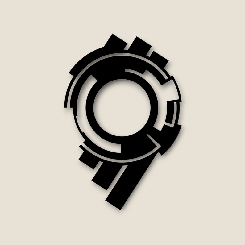 May include: Black and white geometric design in the shape of a circle with a smaller circle inside. The design is stylized to look like a gear or a cog.