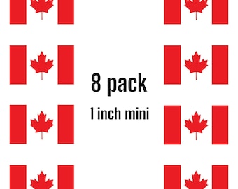 May include: Eight 1-inch mini Canadian flags, each with a red maple leaf on a white background, with red stripes on either side. 8 pack, 1 inch mini.