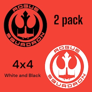 May include: Two 4x4 inch decals of the Rogue Squadron logo. One decal is black with a white logo, and the other is white with a black logo.