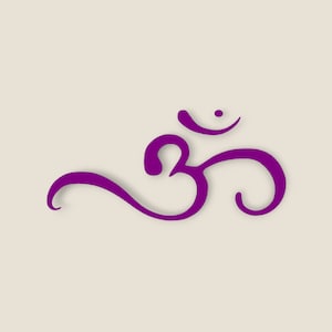 May include: Purple Om symbol with a shadow, a spiritual symbol representing the universe.