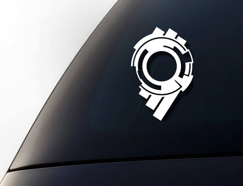 May include: White vinyl sticker of a stylized number nine with a circle in the center. The circle has a geometric design inside.