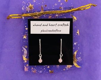 Hand and heart crafted sterling silver threader earrings with rose quartz