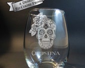 Bride Sugar Skull Engraved Stemless Wine Glass, Ladies Sugar Skull, Floral Sugar Skull, Day of the Dead, Dia de Los Muertos, Wedding Gift