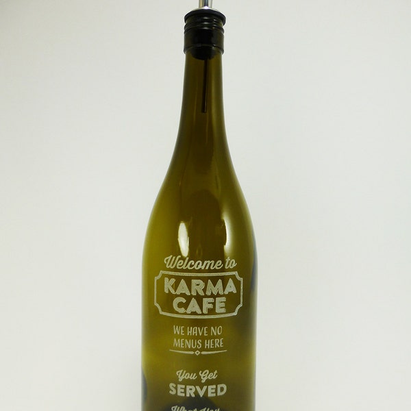 Karma Cafe on Yellow/Green Glass, Olive Oil Bottle, Engraved Wine Bottle,Up-Cycled/Recycled,Gourmet Gift, Vinegar or Dish Soap Decanter