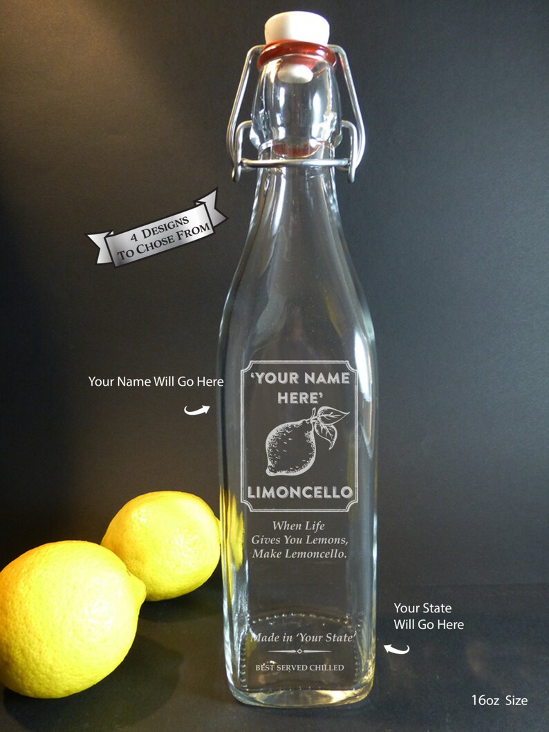 Limoncello Bottle 16oz Glass Swing Top Bottle Personalized Laser Engraved Vintage Style Bottle Lemoncello Flavored Spirits