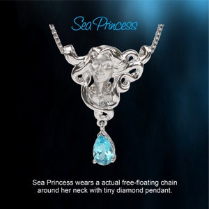 Mermaid Necklace| 925 Sterling Silver| Diamond with Ocean Blue Topaz| Adjustable Box Chain| Unique and Exquisite Gift for Her