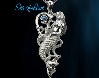 Sterling Silver Mermaid Necklace: Blue Topaz & Diamond Accent