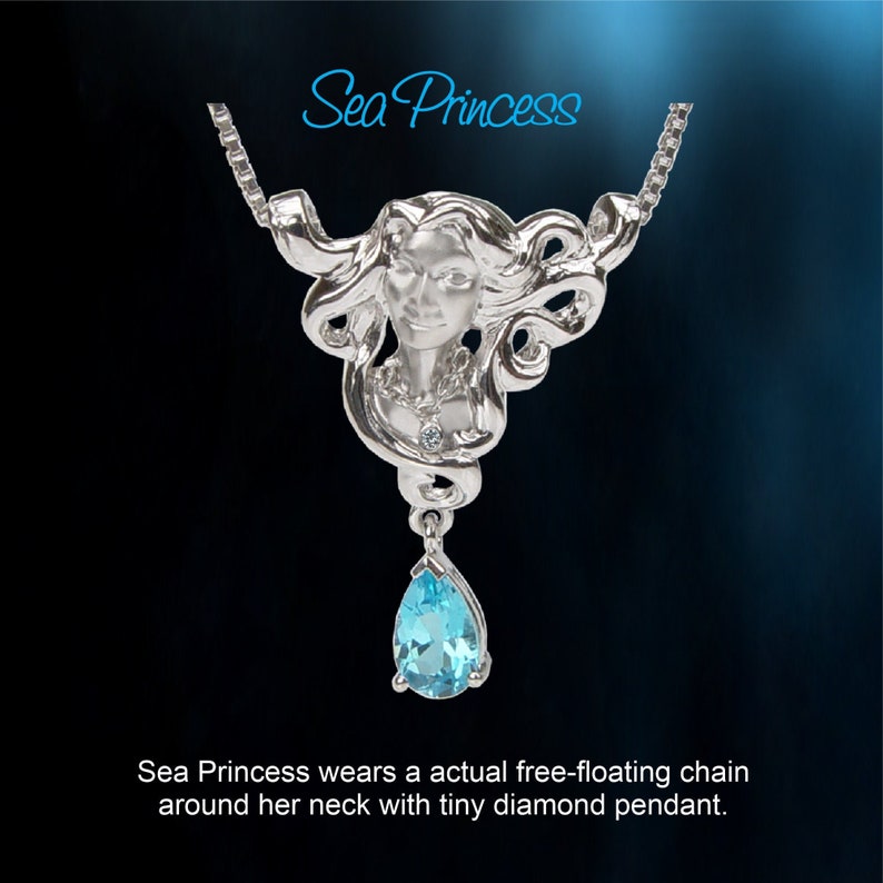 Beautiful Mermaid Necklace Wears a Diamond Pendant Ocean Blue Topaz /& 18 Chain