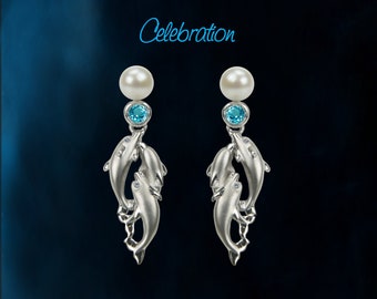 Pendientes de delfines saltando con diamantes, perlas y topacio azul océano.