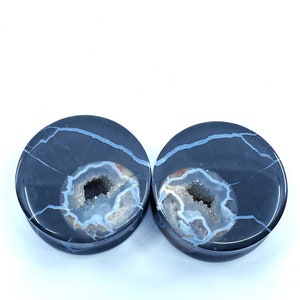 1 1/2" 38mm Crystal Geode Blue Flint Stone Plugs Book Matched Plugs and Tunnels 38BB