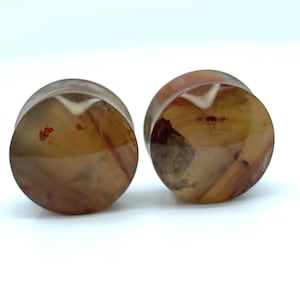May include: Pair of brown and white agate ear gauges with red and white inclusions.