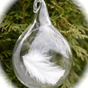 After a death, a tender gift for a grieving heart, a blown glass tear drop with one white angel feather inside with tender words of comfort. image 3