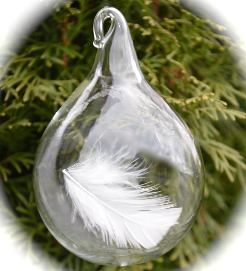 After a death, a tender gift for a grieving heart, a blown glass tear drop with one white angel feather inside with tender words of comfort. image 3