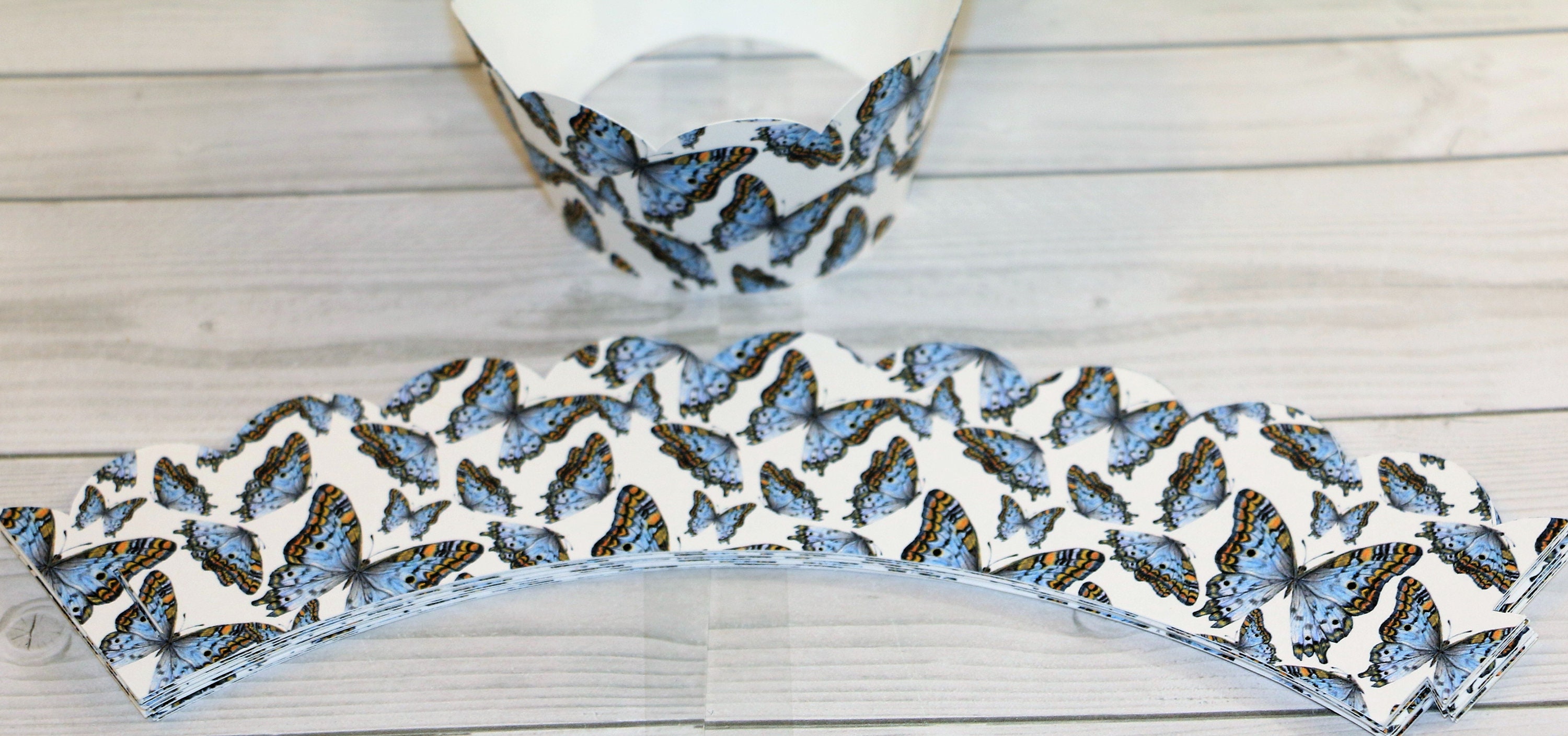 13 Bakers Dozen Blue and Gold Butterflies Cupcake Wrappers PicksMatching Straws Holders Parties Birthdays Children