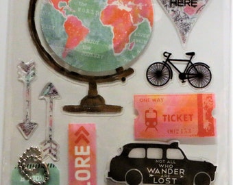 WATERCOLOR TRAVEL, Explore, Ticket, Bus, Trip, La Petites 3D Stickers, Acid Free, Scrapbooking, Cards, Journals, Crafts, Collage, (Tps34)