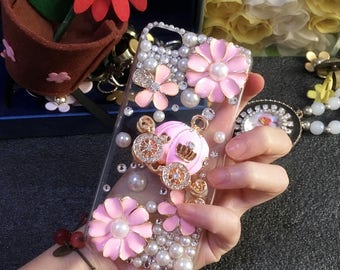 For Mobile Phone Sparkly Diamond Bling Gems Faux Pink Lovely Fur Hard Cover Case