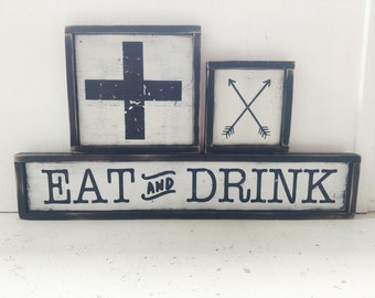 EAT & DRINK sign | Plus Addition wood sign | ARROWS sign | rustic sign | farmhouse style l black frame | custom wooden sign