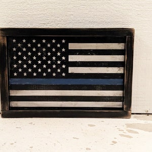 BLUE LINE FLAG wood sign Police Flag sign distressed blue line flag United States Police Flag Police sign image 1