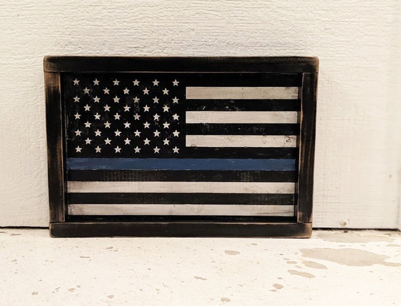 BLUE LINE FLAG wood sign Police Flag sign distressed blue line flag United States Police Flag Police sign image 1