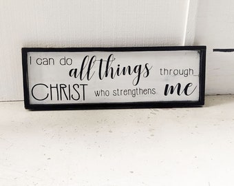 ALL THINGS through CHRIST // distressed framed wood sign // Scripture wood sign // Bible Verse sign // distressed grey // Philippians 4:13