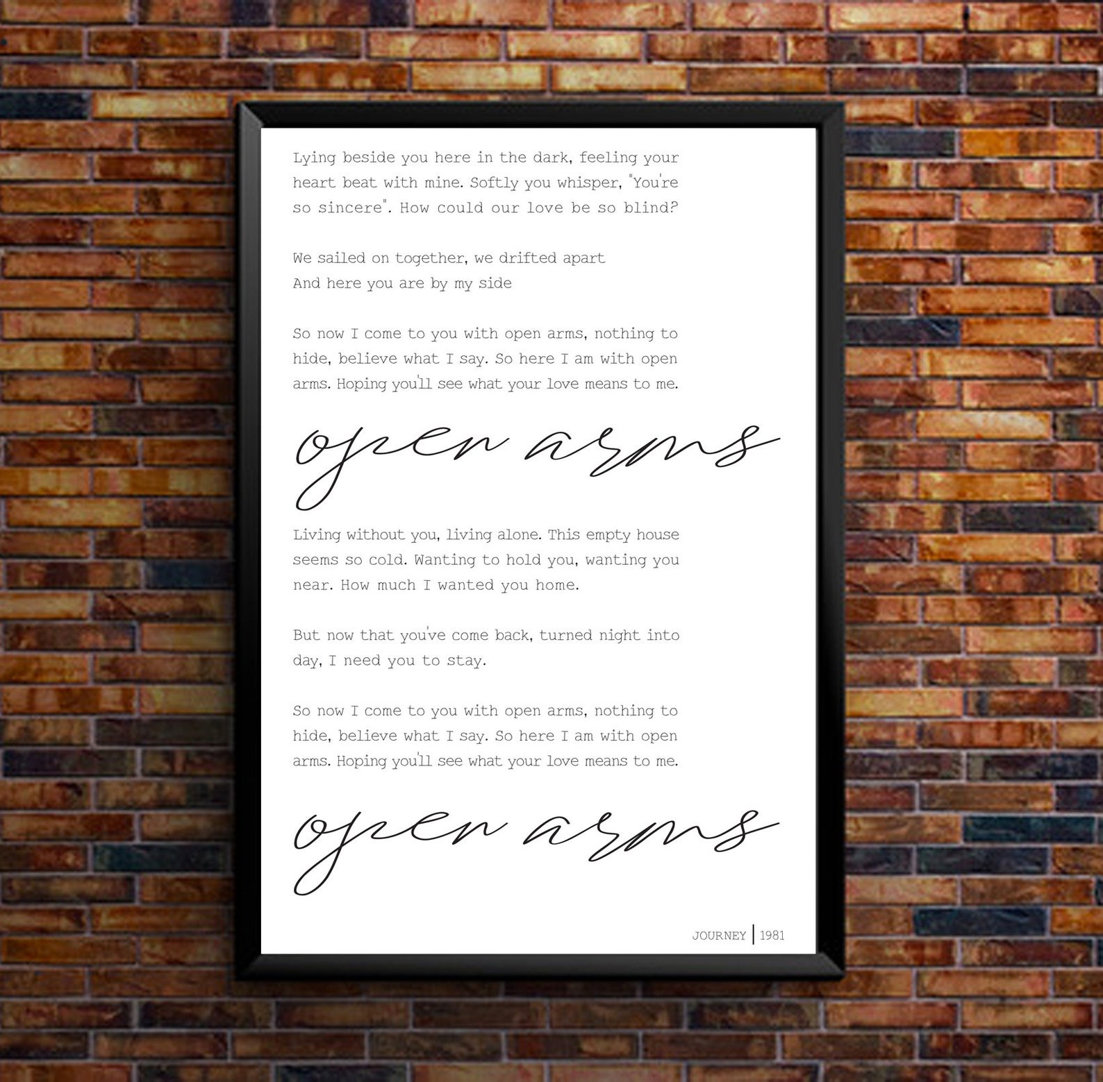OPEN ARMS wall print // JOURNEY // classic song // song lyrics Etsy