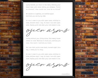 OPEN ARMS wall print // JOURNEY // classic song // song lyrics // wall art // wall decor // black and white