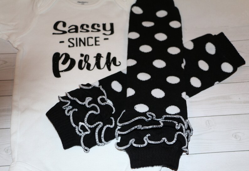 2 piece set Polk a Dots SASSY SINCE BIRTH Ruffles Birthday Gift One of A Kind Gerber Photos Black White