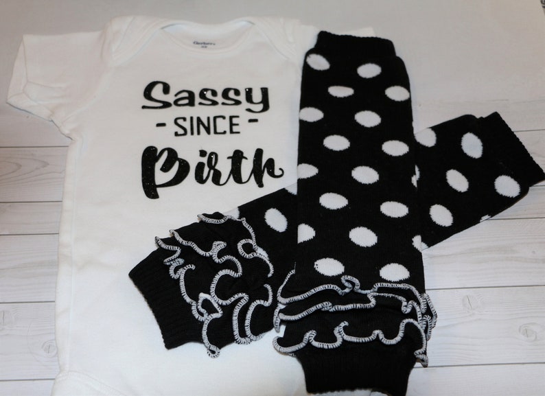 2 piece set Polk a Dots SASSY SINCE BIRTH Ruffles Birthday Gift One of A Kind Gerber Photos Black White
