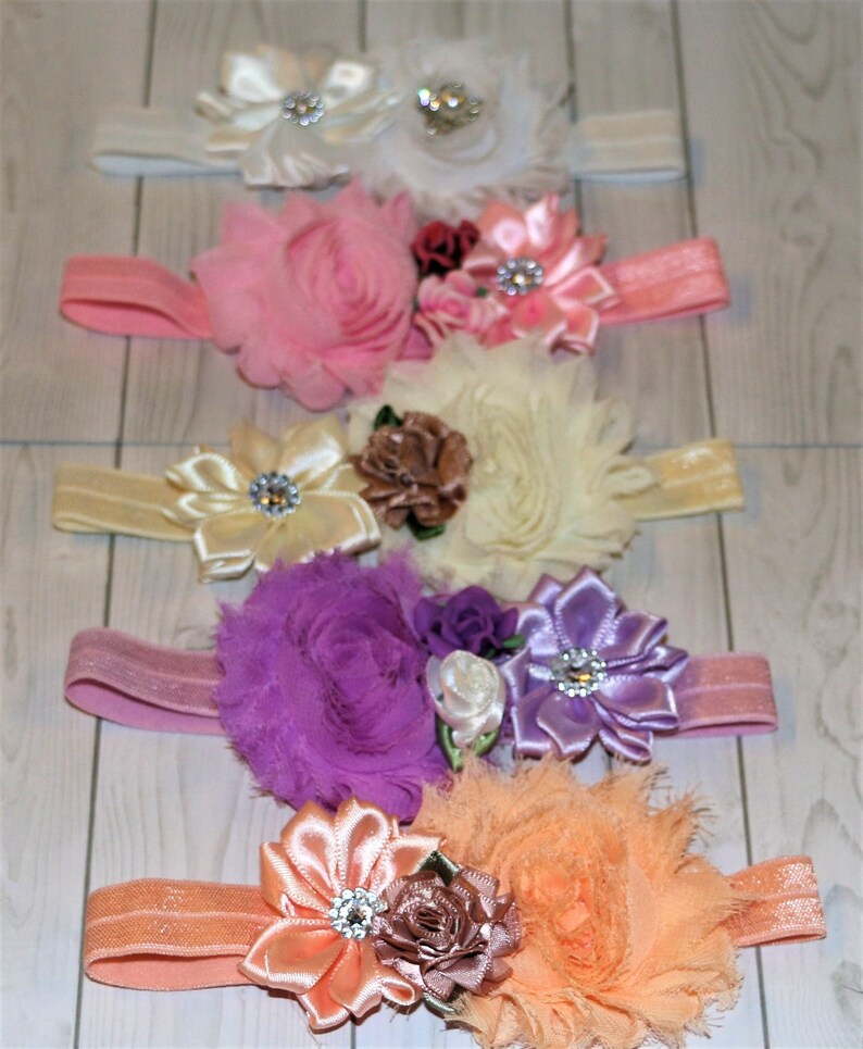 Baby Pink Cake Smash Birthday White Girls Purple Photos HEADBAND Peach Rhinestones Newborn Cream FlowerFloral Elastic Gift