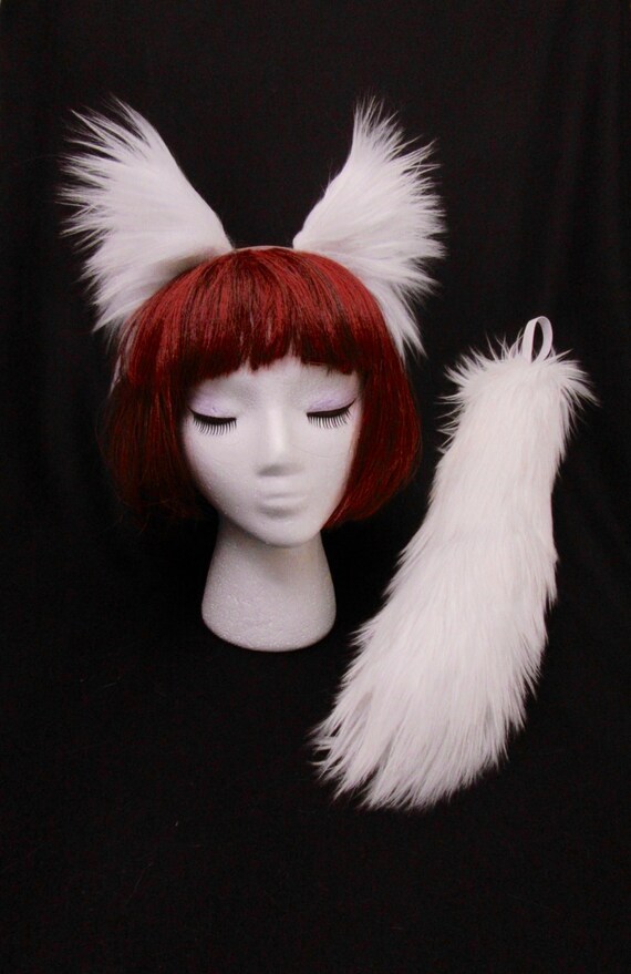 White Arctic Fox Wolf Cat Dog Ears Great High Quality Faux Fur 17/" Tail Set