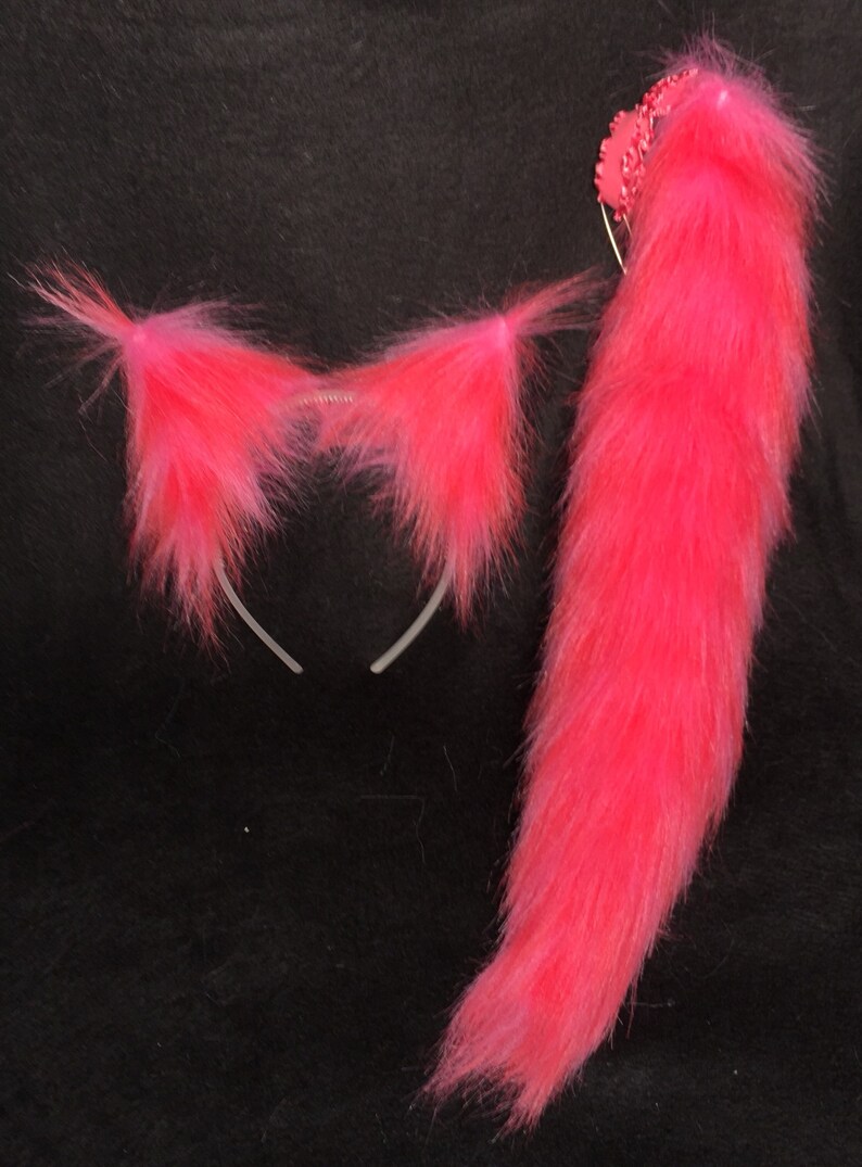 faux-fur Cheshire Cat Cosplay Anime Furry Kitty Costume Clip or Headband Ears Pink Cat Ears and Tail12 SET Combo Clip-on or Elastic Tail