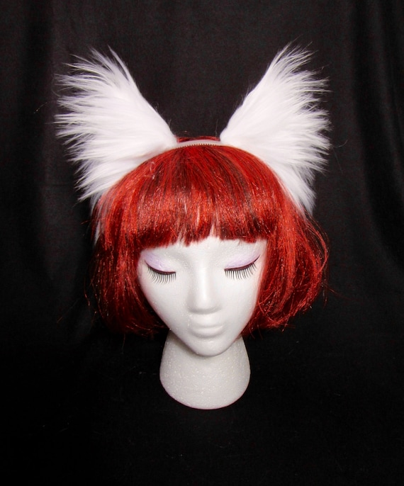 White Headband Ears Arctic Fox Wolf Cat Dog Kitten Realistic Long Faux Fur
